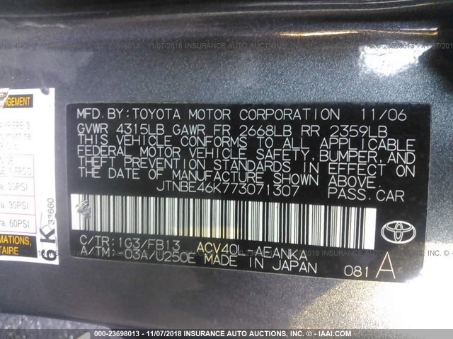 JTNBE46K773071307 - 2007 TOYOTA CAMRY NEW GENERAT CE/LE/XLE/SE GRAY photo 9