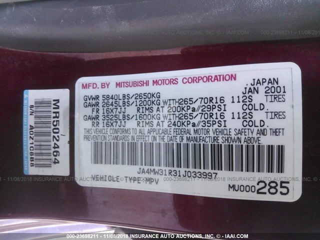 JA4MW31R31J033997 - 2001 MITSUBISHI MONTERO XLS RED photo 9