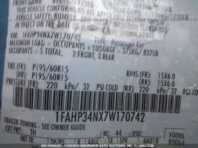 1FAHP34NX7W170742 - 2007 FORD FOCUS ZX4/S/SE/SES ლურჯი ფოტო 9