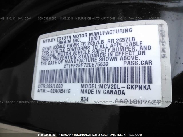 2T1FF28P72C575632 - 2002 TOYOTA CAMRY SOLARA SE/SLE შავი ფოტო 9