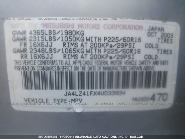 JA4LZ41FX4U033934 - 2004 MITSUBISHI OUTLANDER XLS SILVER photo 9