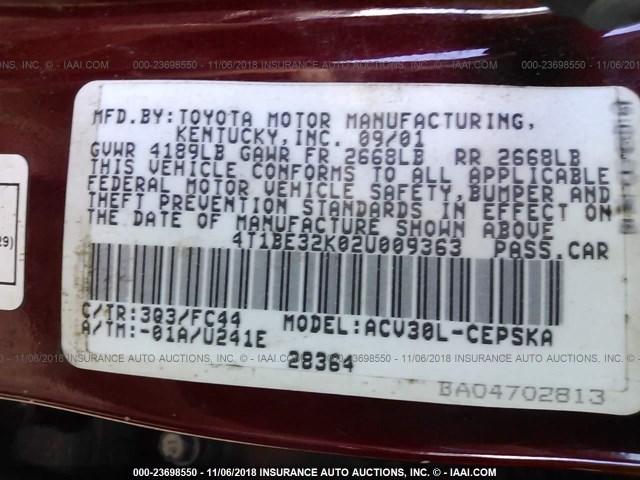 4T1BE32K02U009363 - 2002 TOYOTA CAMRY LE/XLE/SE RED photo 9