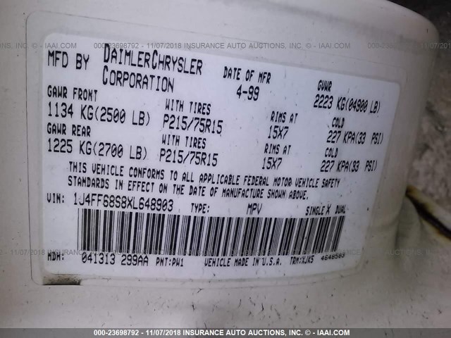 1J4FF68S8XL648903 - 1999 JEEP CHEROKEE SPORT/CLASSIC თეთრი ფოტო 9