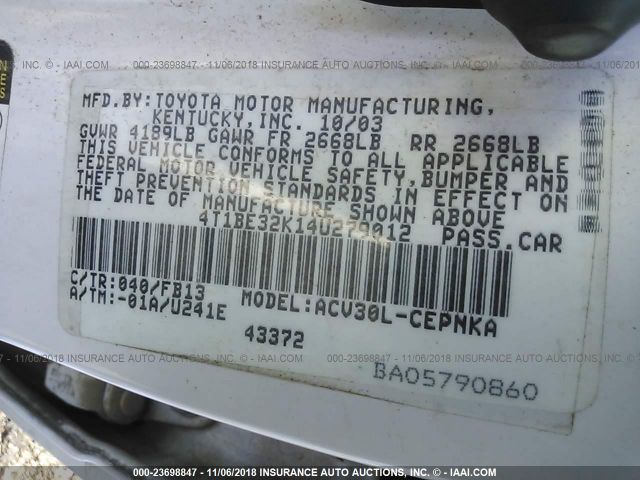 4T1BE32K14U279012 - 2004 TOYOTA CAMRY LE/XLE/SE WHITE photo 9