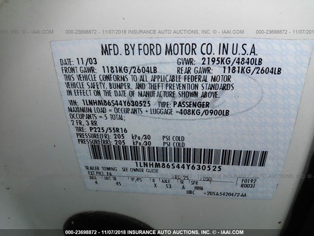 1LNHM86S44Y630525 - 2004 LINCOLN LS WHITE photo 9