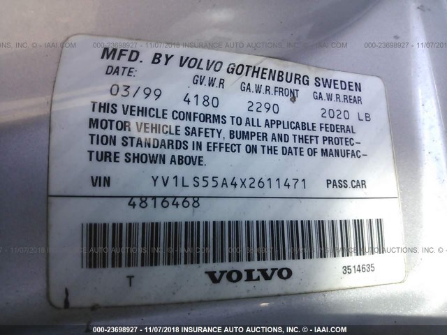 YV1LS55A4X2611471 - 1999 VOLVO S70 SILVER photo 9