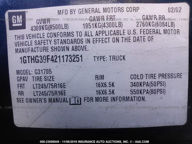 1GTHG39F421173251 - 2002 GMC SAVANA G3500 BLUE photo 9