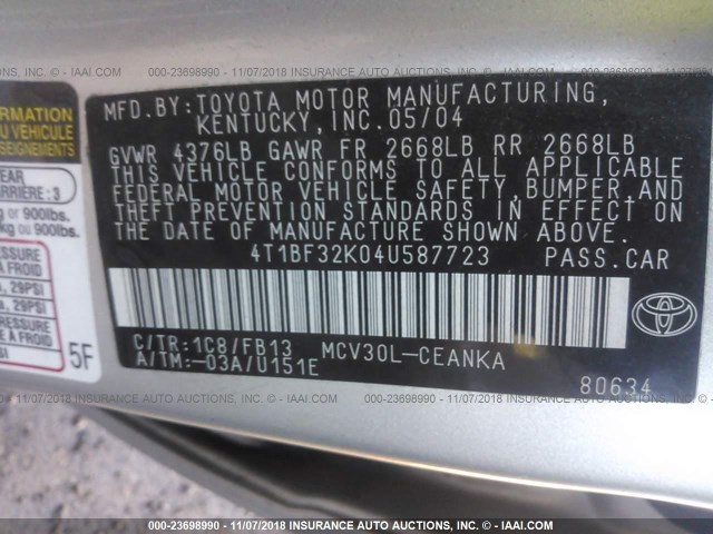 4T1BF32K04U587723 - 2004 TOYOTA CAMRY LE/XLE/SE SILVER photo 9