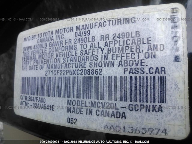 2T1CF22P5XC208862 - 1999 TOYOTA CAMRY SOLARA SE/SLE შავი ფოტო 9