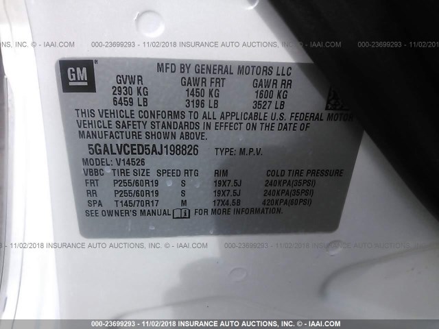 5GALVCED5AJ198826 - 2010 BUICK ENCLAVE CXL 奶油色 照片 9