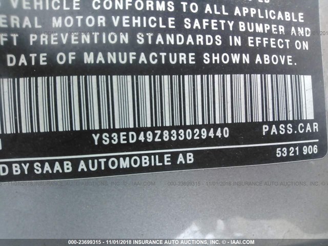 YS3ED49Z833029440 - 2003 SAAB 9-5 ARC GRAY photo 9