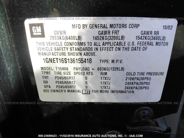 1GNET16S136155418 - 2003 CHEVROLET TRAILBLAZER EXT GREEN photo 9