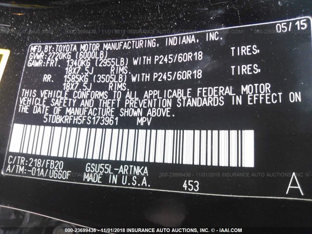 5TDBKRFH5FS173961 - 2015 TOYOTA HIGHLANDER LE/LE PLUS BLACK photo 9