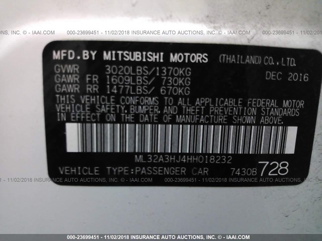 ML32A3HJ4HH018232 - 2017 MITSUBISHI MIRAGE ES WHITE photo 9