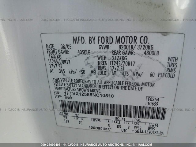 1FTVX12555NC10510 - 2005 FORD F150 WHITE photo 9