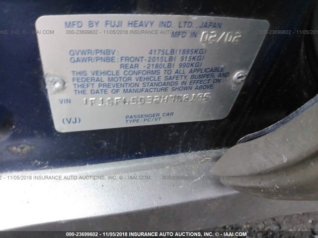 JF1SF65532H758195 - 2002 SUBARU FORESTER S BLUE photo 9