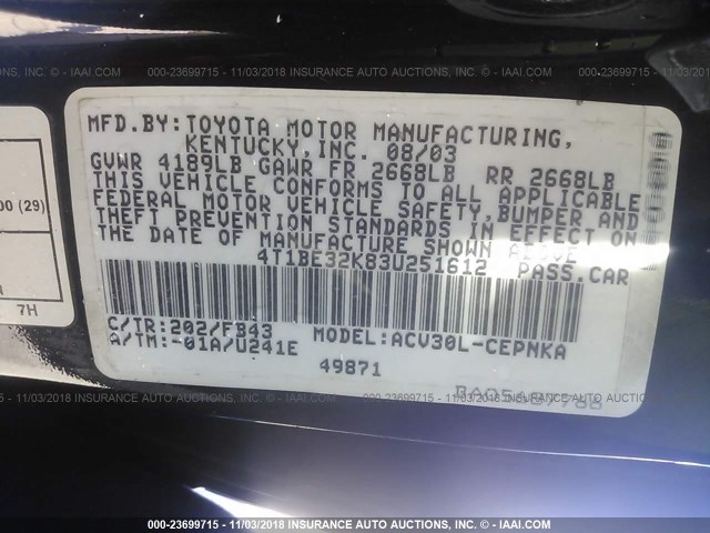 4T1BE32K83U251612 - 2003 TOYOTA CAMRY LE/XLE/SE BLACK photo 9