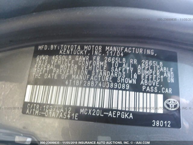 4T1BF28B74U389089 - 2004 TOYOTA AVALON XL/XLS GRAY photo 9