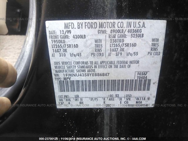 1FMNU43S8YEB86847 - 2000 FORD EXCURSION LIMITED BLACK photo 9