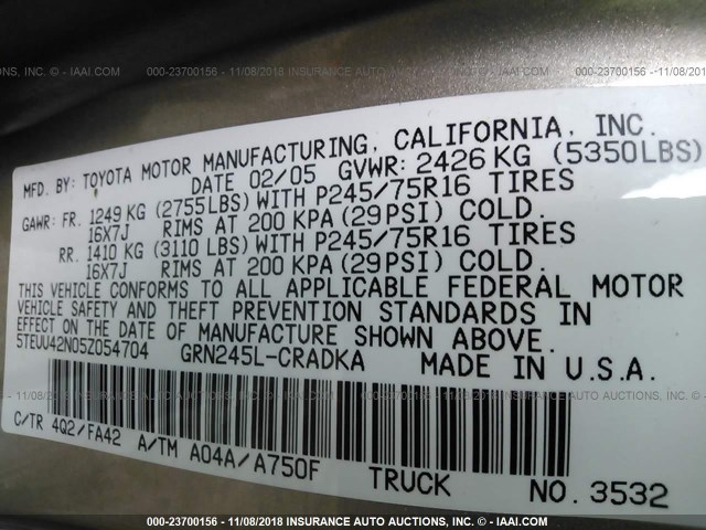 5TEUU42N05Z054704 - 2005 TOYOTA TACOMA ACCESS CAB ბეჟი ფოტო 9