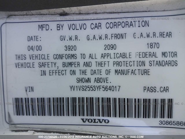 YV1VS2553YF564017 - 2000 VOLVO S40 WHITE photo 9