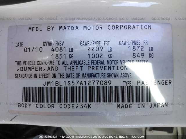 JM1BL1S57A1277089 - 2010 MAZDA 3 S WHITE photo 9