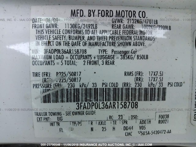 3FADP0L36AR158708 - 2010 FORD FUSION HYBRID WHITE photo 9