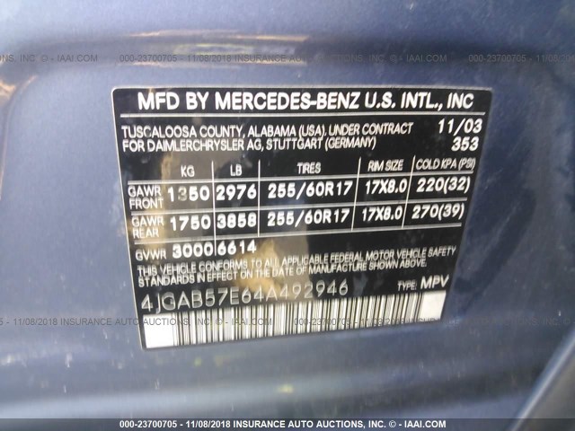 4JGAB57E64A492946 - 2004 MERCEDES-BENZ ML 350 BLUE photo 9