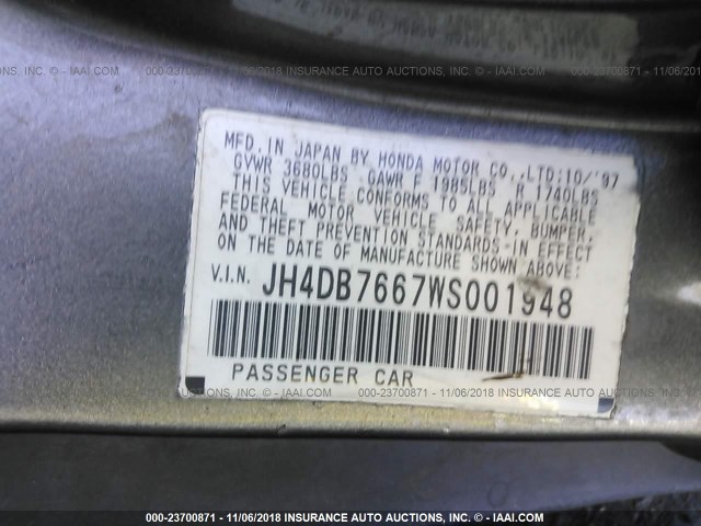 JH4DB7667WS001948 - 1998 ACURA INTEGRA GS GRAY photo 9