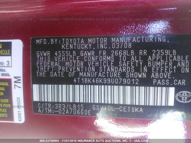 4T1BK46K99U079012 - 2009 TOYOTA CAMRY SE/LE/XLE RED photo 9