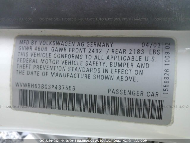 WVWRH63B03P437556 - 2003 VOLKSWAGEN PASSAT GLX 白色 照片 9