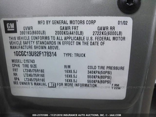 1GCGC13U82F178314 - 2002 CHEVROLET SILVERADO C1500 HEAVY DUTY Pewter photo 9