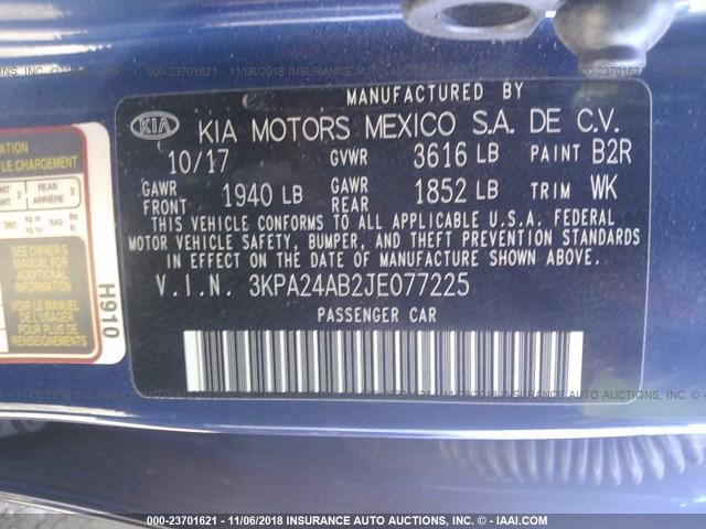 3KPA24AB2JE077225 - 2018 KIA RIO LX/S BLUE photo 9