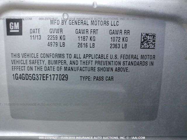 1G4GD5G37EF177029 - 2014 BUICK LACROSSE PREMIUM SILVER photo 9