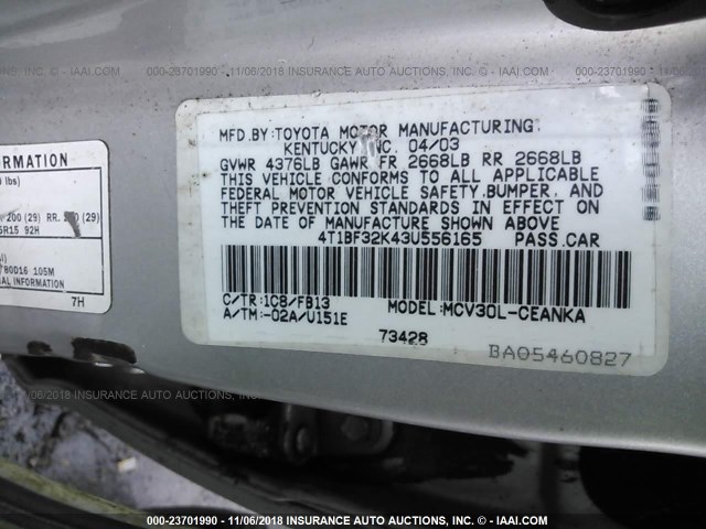 4T1BF32K43U556165 - 2003 TOYOTA CAMRY LE/XLE/SE SILVER photo 9