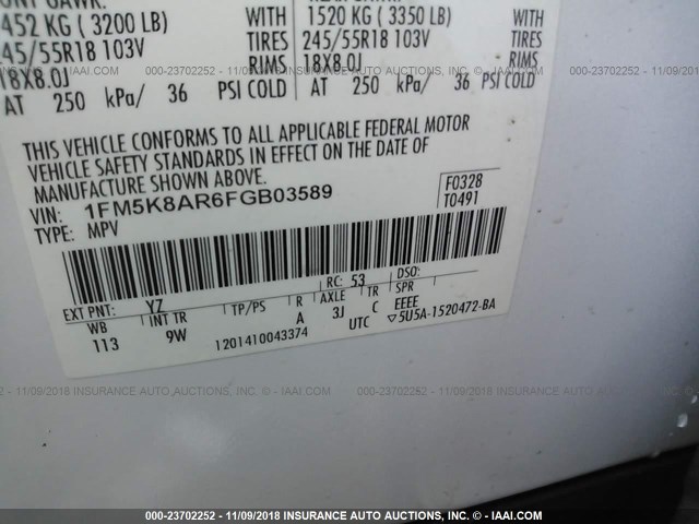 1FM5K8AR6FGB03589 - 2015 FORD EXPLORER POLICE INTERCEPTOR WHITE photo 9