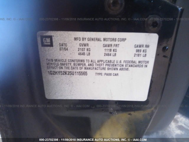 1G2HY52K25U115565 - 2005 PONTIAC BONNEVILLE SLE BLACK photo 9