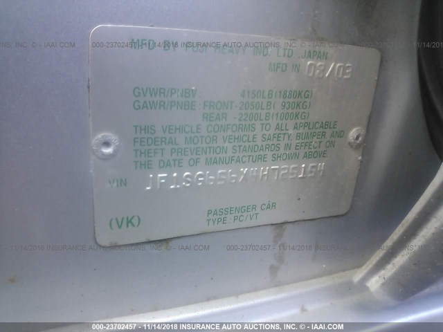 JF1SG656X4H725154 - 2004 SUBARU FORESTER 2.5XS Күміс фото 9