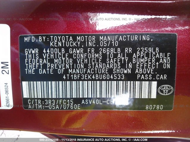 4T1BF3EK4BU604533 - 2011 TOYOTA CAMRY SE/LE/XLE RED photo 9