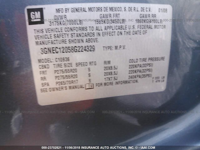 3GNEC12058G224329 - 2008 CHEVROLET AVALANCHE C1500 GRAY photo 9