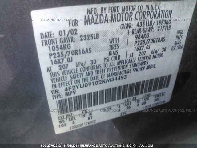 4F2YU09102KM34493 - 2002 MAZDA TRIBUTE LX/ES 灰色 照片 9