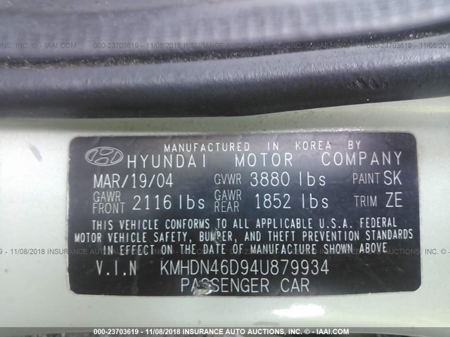 KMHDN46D94U879934 - 2004 HYUNDAI ELANTRA GLS/GT GREEN photo 9