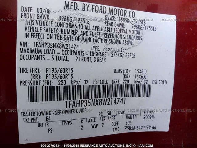 1FAHP35NX8W214741 - 2008 FORD FOCUS SE/SEL/SES RED photo 9