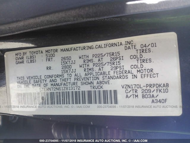 5TEHN72N61Z813172 - 2001 TOYOTA TACOMA DOUBLE CAB 黑色 照片 9