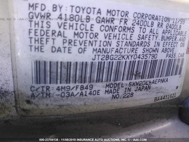 JT2BG22KXY0435790 - 2000 TOYOTA CAMRY CE/LE/XLE 金色 照片 9