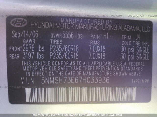 5NMSH73E67H033936 - 2007 HYUNDAI SANTA FE SE/LIMITED BLUE photo 9