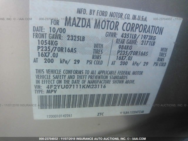 4F2YU07111KM23116 - 2001 MAZDA TRIBUTE DX 银色 照片 9