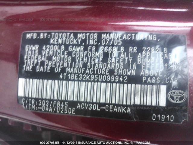 4T1BE32K95U099942 - 2005 TOYOTA CAMRY LE/XLE/SE 红色 照片 9