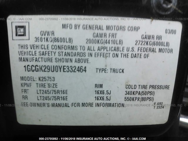 1GCGK29U0YE332464 - 2000 CHEVROLET SILVERADO K2500 BLACK photo 9