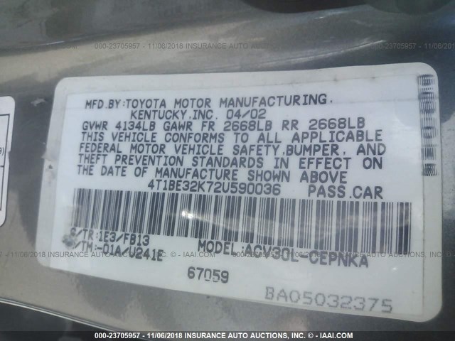 4T1BE32K72U590036 - 2002 TOYOTA CAMRY LE/XLE/SE GRAY photo 9